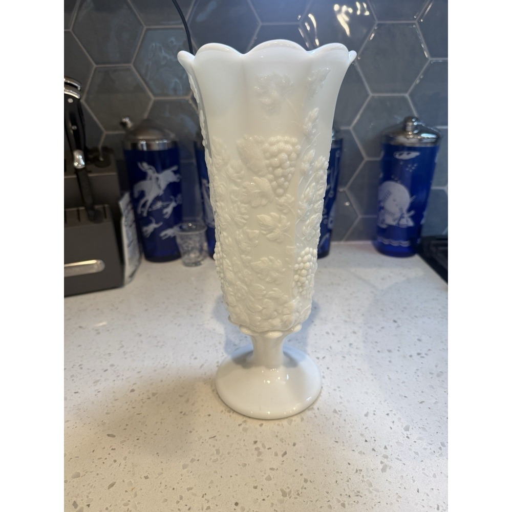 Westmoreland Paneled Grape Milk Glass 11 1/2" Ruffled Bell Top Vase Mid Century